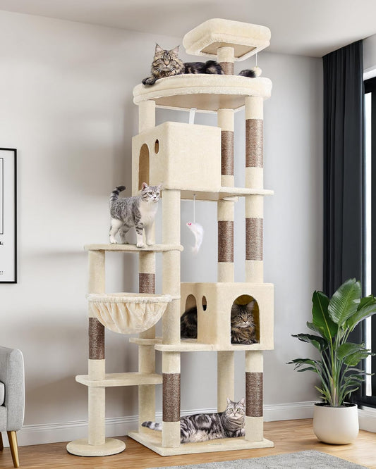 Krabpaal – Kattenboom – Kattenhuis – Kattenmeubel – Kattenmand – XL 213 cm Hoog – Luxe Sisal Krabpaal – Stabiel Met 2 Ruime Kattenholen En Gevoerde Zitstangen