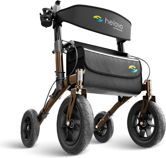 HELAVO rollator met lekvrije massief rubberen banden voor buiten - Opvouwbare aluminium rollator voor buiten met zitje - Maximale mobiliteit & comfort voor buiten