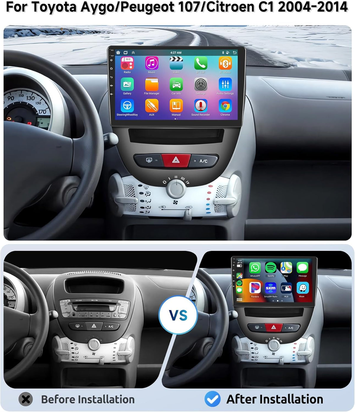 Autoradio Android 13 voor Peugeot 107 / Citroën C1 / Toyota Aygo 2004-2014 – Android autoradio – Multimediasysteem – Navigatiesysteem – Car stereo – 10,1 Inch HD IPS Touchscreen – Draadloze CarPlay en Android Auto