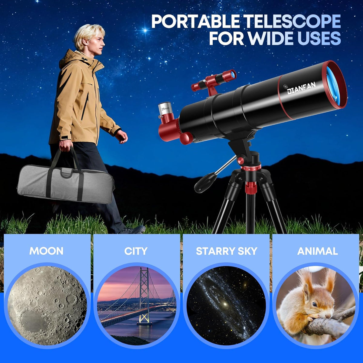 Dianfan Telescoop, 90/550 telescopische astronomie voor volwassenen en kinderen, draagbare telescoop voor beginners met AZ-montage, statief, telefoonadapter, draagtas en klapkruk