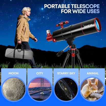 Dianfan Telescoop, 90/550 telescopische astronomie voor volwassenen en kinderen, draagbare telescoop voor beginners met AZ-montage, statief, telefoonadapter, draagtas en klapkruk