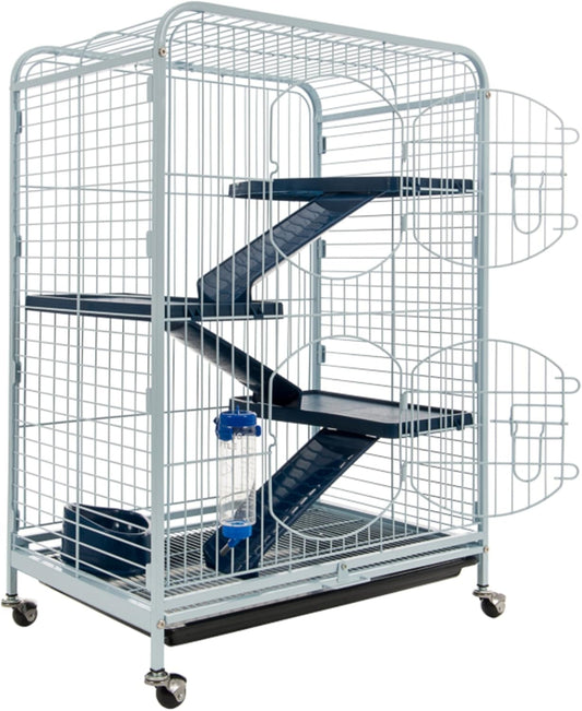 Tyrol Kooi-toren uitgerust voor chinchilla's, cavia's, fretten, verticale vorm, op wielen, 3 verstelbare platforms, wit en blauw