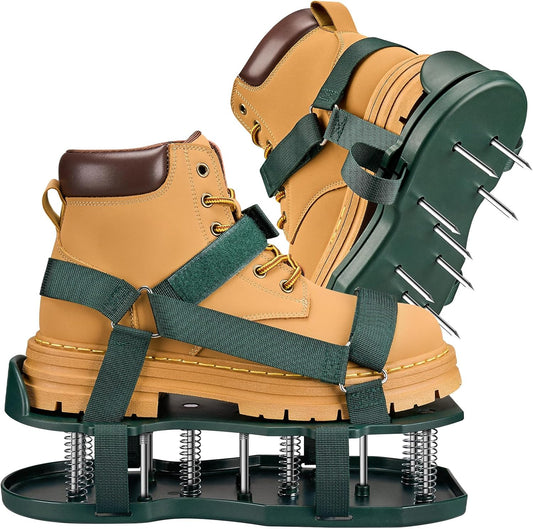 Gazonbeluchterschoenen met veerbasis, gratis installatie gazonbeluchter met automatische blad- en vuilreiniging, zware spike-schoenen voor gazononderhoud, verstelbare veters - perfect voor gazon, tuin