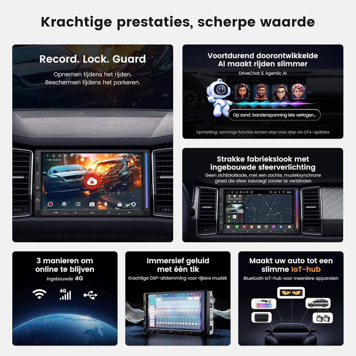 ATOTOZONE Android 2 DIN Autoradio met 7" Touchscreen Ambient Lighting, DriveChat AI Rijassistent, Noodbotsing Alert, Parkeerbewaking, GPS Tracking en Hi-Fi DSP 4V Pre-Out