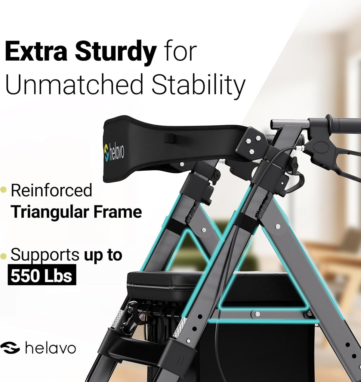 Helavo extra brede rollator met grote, in hoogte verstelbare zitting - Opvouwbare zware rollator van aluminium - Belastbaar tot 226 kg