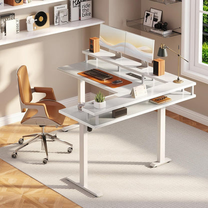 OffiGo Hoekbureau in Hoogte verstelbaar, 150x120cm Elektrisch Staand Bureau met Stopcontact, Standing Desk L-vorm met Monitorstandaard, Wit