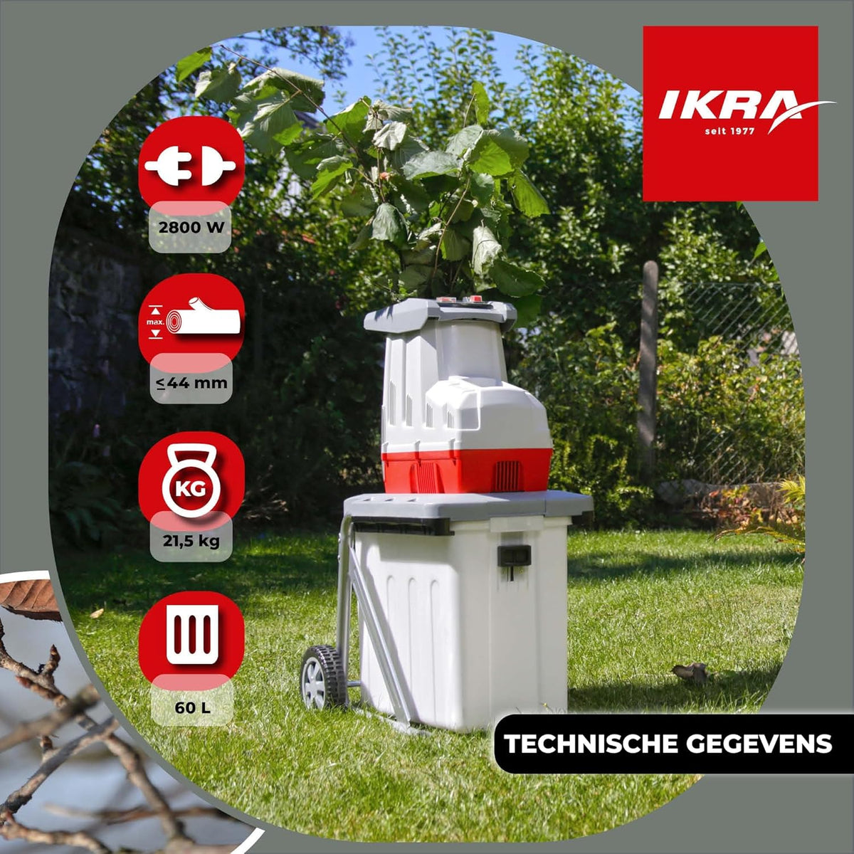 IKRA Elektrische Hakselaar ILH 2800, stil, robuust, onderhoudsarm, takdikte tot 44 mm, rood/wit/grijs/zwart