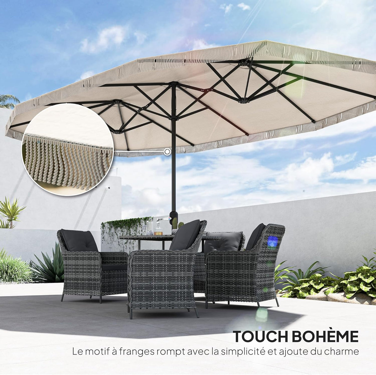 Outsunny Garden Shade Double Rectangle 4.5 x 2.65 x 2.60 m with Crank and Fringes, 180 g/m², Parasol for Balcony, Pool, Patio, Cream - QUORE