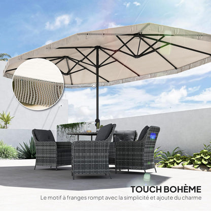 Outsunny Garden Shade Double Rectangle 4.5 x 2.65 x 2.60 m with Crank and Fringes, 180 g/m², Parasol for Balcony, Pool, Patio, Cream - QUORE