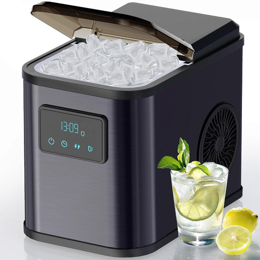 Roestvrijstalen ijsblokjesmachine met led-display, ijsmachine en reinigingsfunctie, waterreservoir van 2 liter, inclusief ijsschep en mand, 2 maten voor keuken, kantoor, bar en feest