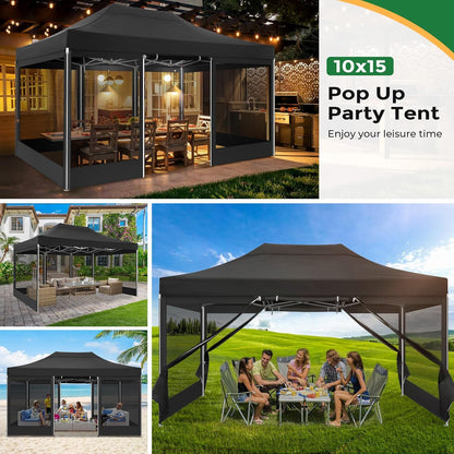 COBIZI Paviljoen, 3 x 4,5 cm, vouwpaviljoen, 3 x 4,5 m, waterdicht, stabiel, met 4 zijwanden, muggennet, partytent, opvouwbaar, pop-up tuinpaviljoen, anti-uv, voor tuin, zwart