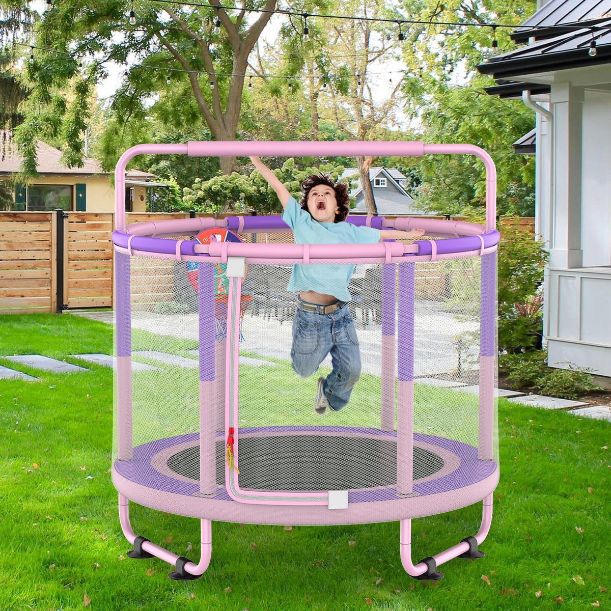 CZCPAPY Kindertrampoline, outdoor trampoline voor kinderen, binnen en buiten, met veiligheidsnet, mand, palen, schommels, cadeau voor kinderen, roze en paars