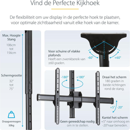 Dubbele plafondbeugel – Plafondbeugel, plafond tv beugel, tv ophangbeugel, dubbele tv beugel – Voor 2 schermen van 32 tot 75 inch – Verstelbare telescopische arm 1 tot 1,5 m, 360° draaibaar en geschikt voor schuine plafonds