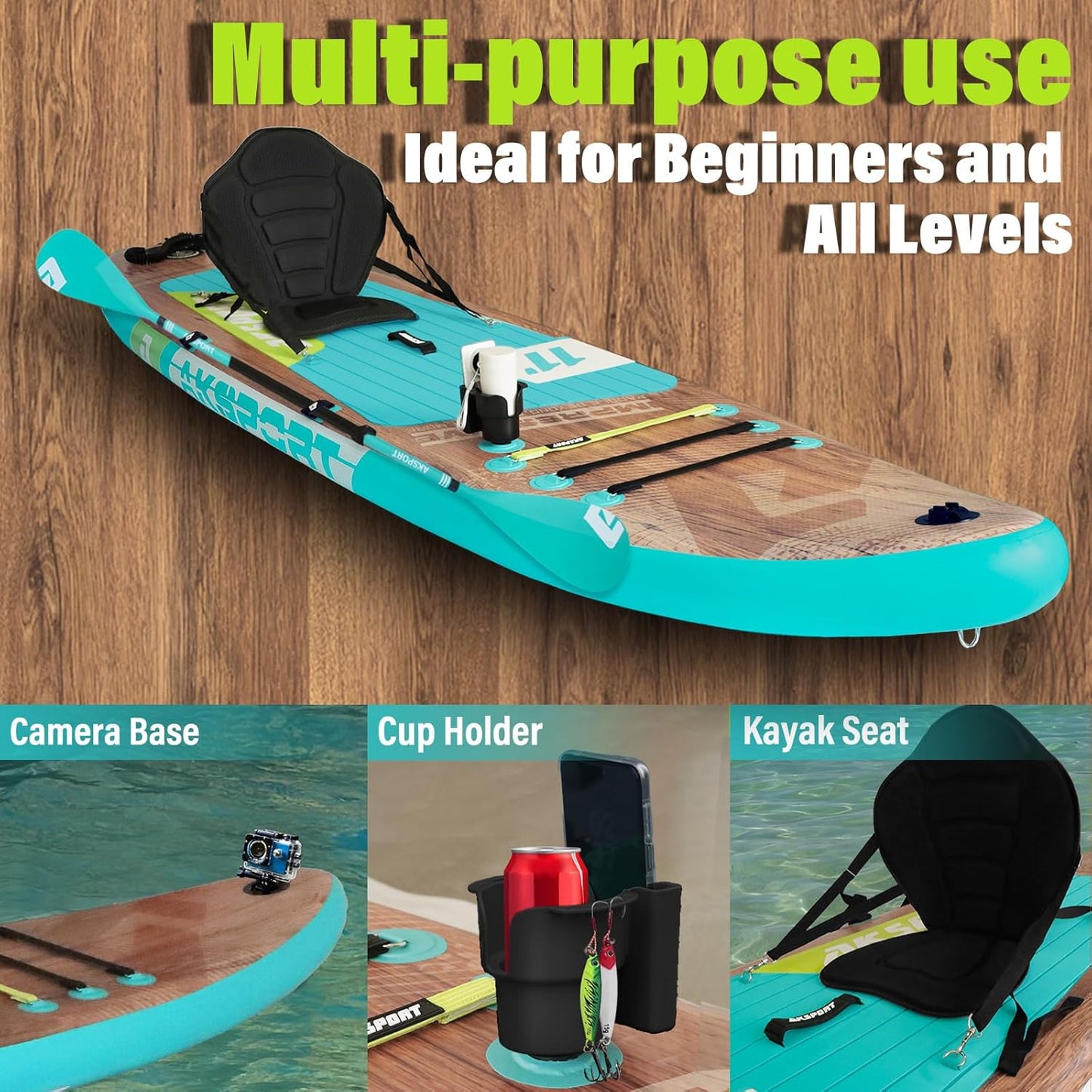 AKSPORT Opblaasbaar stand-up paddleboard, opblaasbaar SUP-board met alle accessoires, breed stabiel design, antislip deck, paddleboard voor jongeren en volwassenen