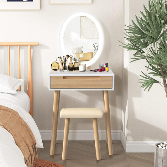 YU YUSING Makeup Table with Lighting, Dressing Table with LED Mirror Chair, Dressing Table with Drawers, Stool, Adjustable Brightness, Dressing Table Makeup Dressing Vanity, Oak - QUORE
