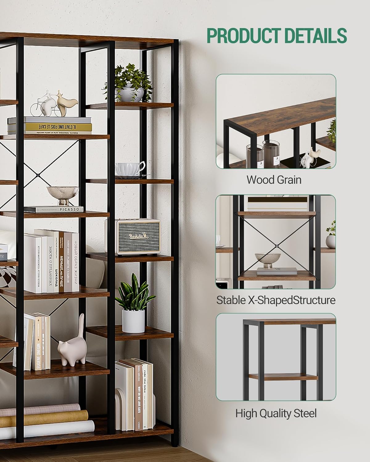 Hzuaneri Bookshelf, 6 Tier Bookcase with 15 Open Shelves, Adjustable Storage Cabinet for Living Room and Home Office, 30 x 100 x 170 cm, Rustic Brown and Black, BC15001B
