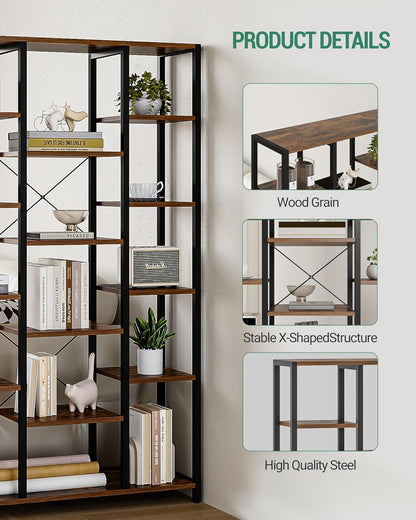 Hzuaneri Bookshelf, 6 Tier Bookcase with 15 Open Shelves, Adjustable Storage Cabinet for Living Room and Home Office, 30 x 100 x 170 cm, Rustic Brown and Black, BC15001B