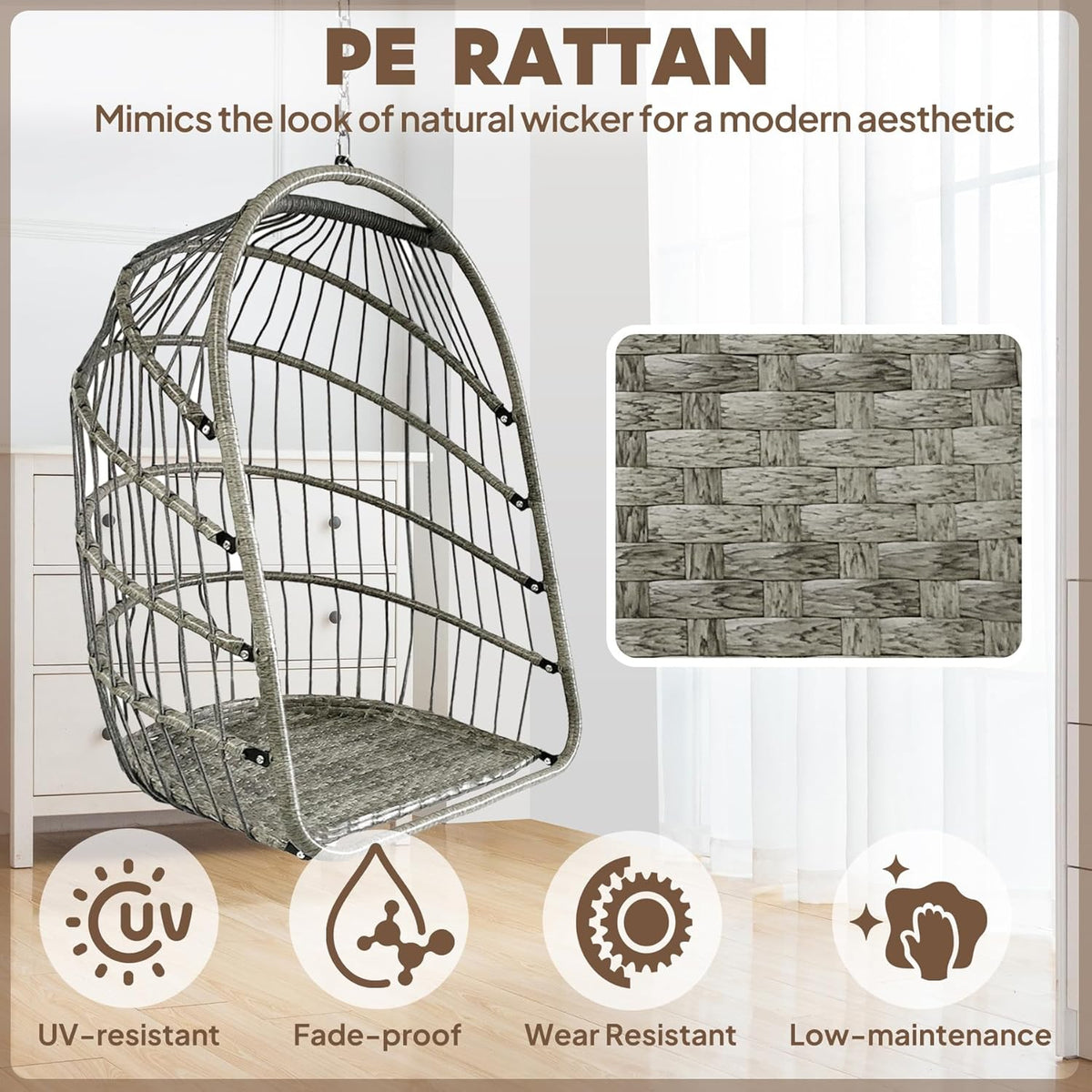 Chihee Opvouwbare rieten rotan hangstoel schommel - binnen/buiten terras rieten hangmat met roestvrij staal opknoping kit ketting link UV-bestendig kussen