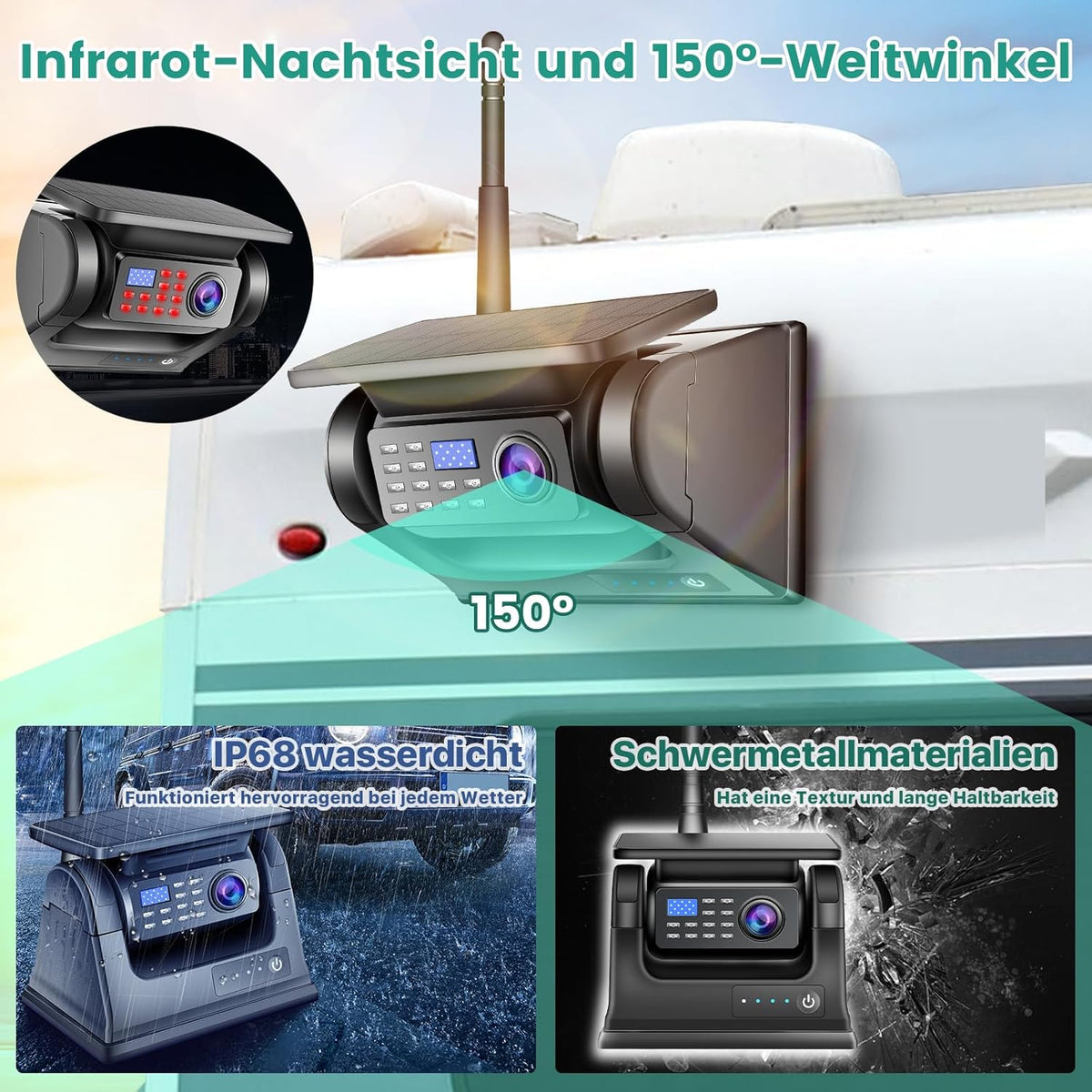 Magnetische draadloze achteruitrijcamera op zonne-energie, 5 inch monitor, AHD 1080P, achteruitrijcamera, oplaadbare batterij, geen bedrading, geen boren, draadloze back-upcamera voor