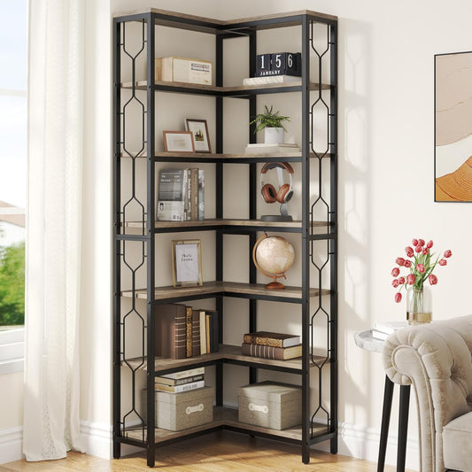 Tribesigns Corner Bookshelf, 7 Tier Industrial Corner Bookcase, Wooden and Metal Corner Shelf, Freestanding Display Shelf for Living Room, Kitchen, Home Office (Grey)