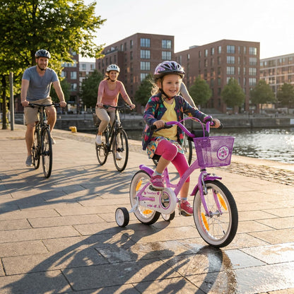 PROMETHEUS BICYCLES Kinderfiets vanaf 5 jaar, meisjesfiets, 16 inch, kinderfiets met steunwielen, terugtraprem, in paars/lila