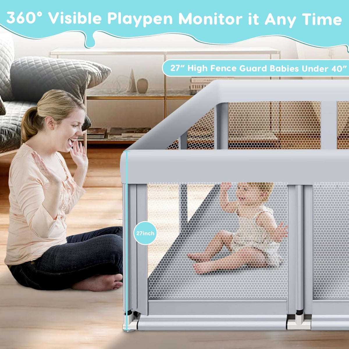 188cm×50" Large Baby Playpen Baby Playground for Babies and Toddlers, Baby Fence Play Pins for Indoor & Outdoor, Sturdy Safety Playground with Soft Breathable Mesh, Anti-Fall, Grey - QUORE