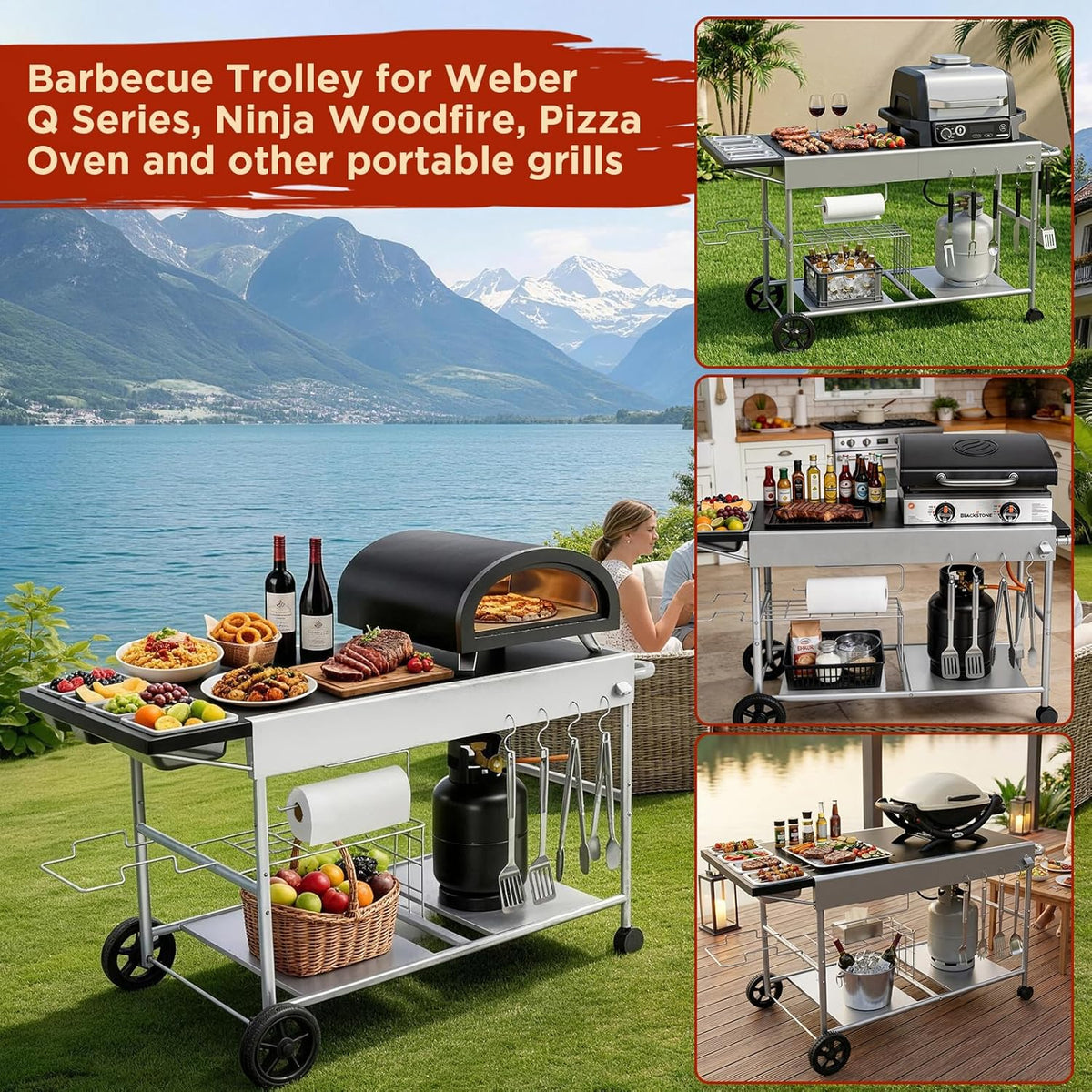 Denmay 128 x 66 x 78 cm Grillwagen voor Weber Q-serie, Ninja Woodfire, pizzaoven, tafelgrill, pizzaoven, serveerwagen met groot werkblad, outdoor grilltafel, keukenwagen, grillstandaard