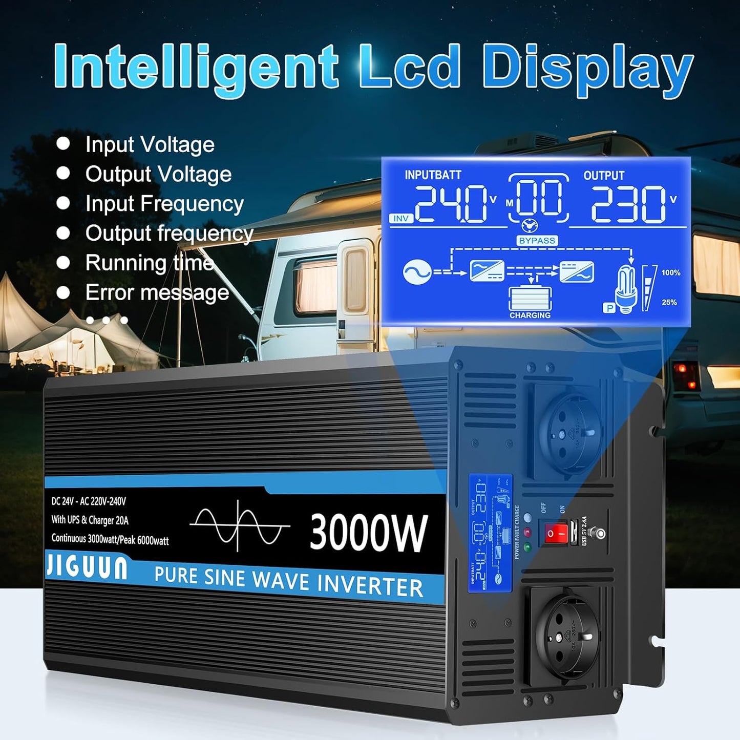 JIGUUN 3000W omvormer 24v naar 230v zuivere sinus met 20A lader en net prioriteit circuit en UPS, 2 EU-stopcontacten, draadloze afstandsbediening en LCD-display piekvermogen 6000W