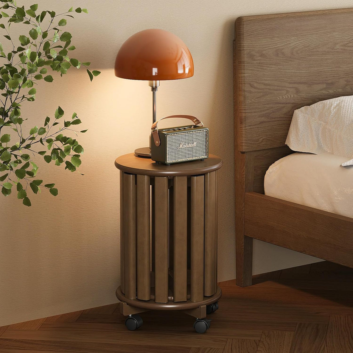 Stapelbare bamboe kruk met wielen, 4-in-1 set stapelkruk, bijzettafel en zitkruk, 46 cm hoogte, eetkamerstoelen, zonder montage, voor keuken, woonkamer, slaapkamer, walnoot