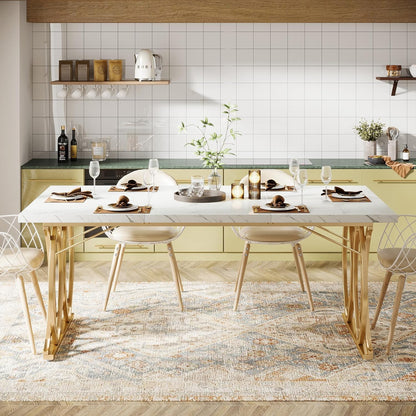 Tribesigns Modern Dining Table, Kitchen Table, 160 x 80 x 75 cm, Dining Table For 6 People with Imitation Marble Tabletop and Geometric Legs, White and Gold