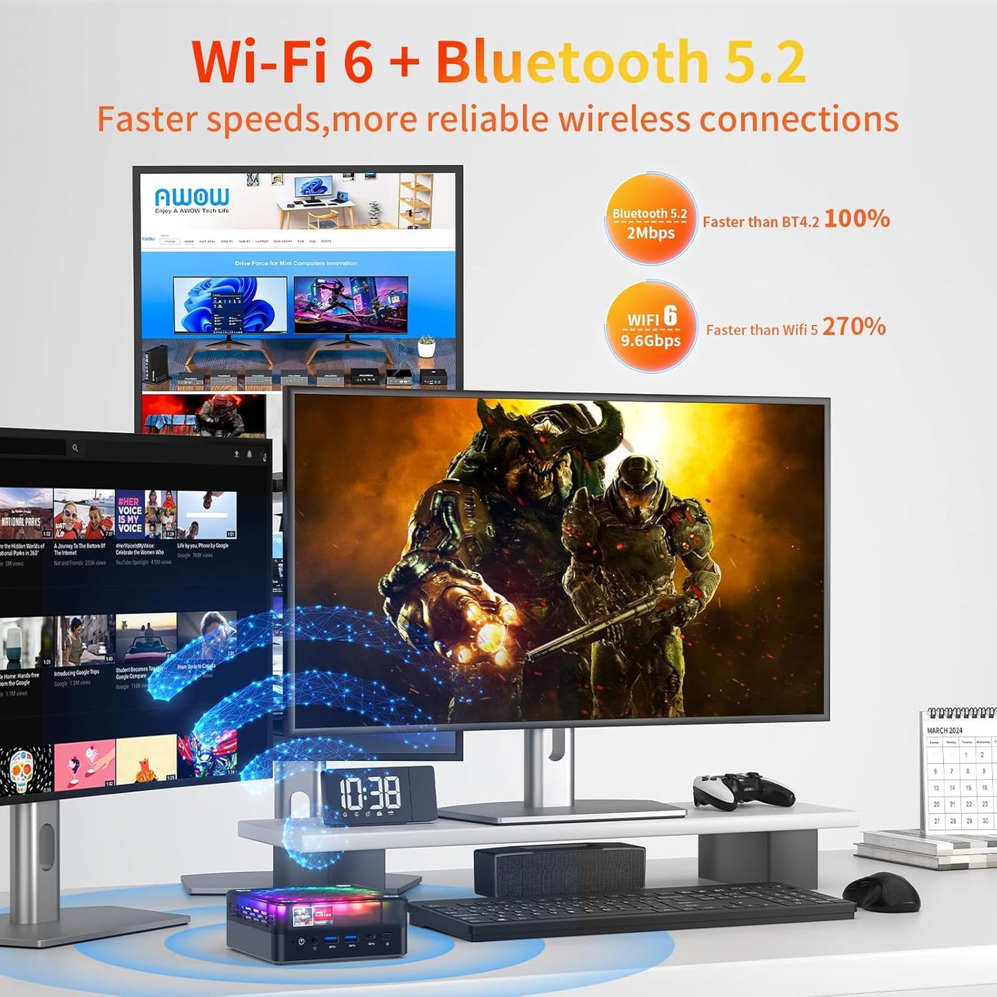 AWOW Mini Gaming PC with AMD Ryzen 7 7840HS (8 Cores, Up to 5.1GHz), 32GB DDR5, 1TB PCIe 4.0 SSD, Radeon 780M Graphics, 4K Triple Display, Silent Operation, WiFi 6, BT 5.2, Dual 2.5G LAN - QUORE