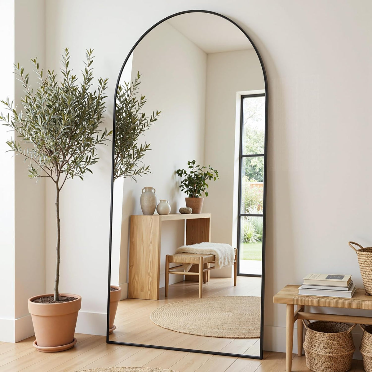 Vloerspiegel – Passpiegel – Staande Spiegel – Wandspiegel – Full-Body Spiegel – 194x87 cm – Aluminium Frame – Onbreekbaar Glas – Zwart – Gebogen Design