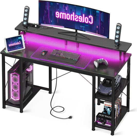 Coleshome Gaming Table with LED Lighting, 120x50 cm Gaming Desk with 2 Sockets & 2 USB Sockets, Computer Table with Monitor Stand & Storage Space, Home Office Desk, Black - QUORE
