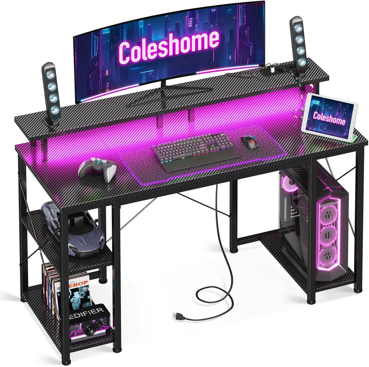Coleshome Gamingtafel met LED-verlichting, 120x50cm gamingbureau met 2 stopcontacten & 2 USB-aansluitingen, computertafel met monitorstandaard & opbergruimte, home office bureau, zwart