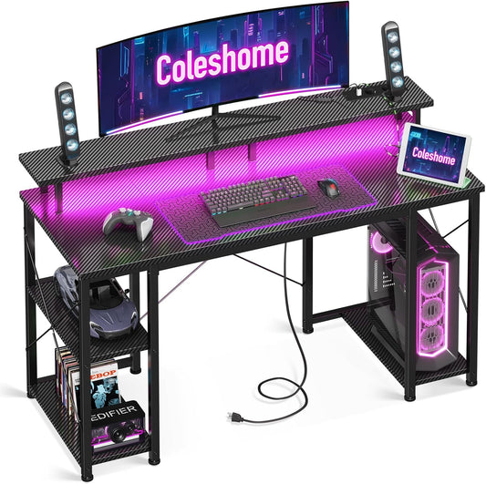 Coleshome Gamingtafel met LED-verlichting, 120x50cm gamingbureau met 2 stopcontacten & 2 USB-aansluitingen, computertafel met monitorstandaard & opbergruimte, home office bureau, zwart