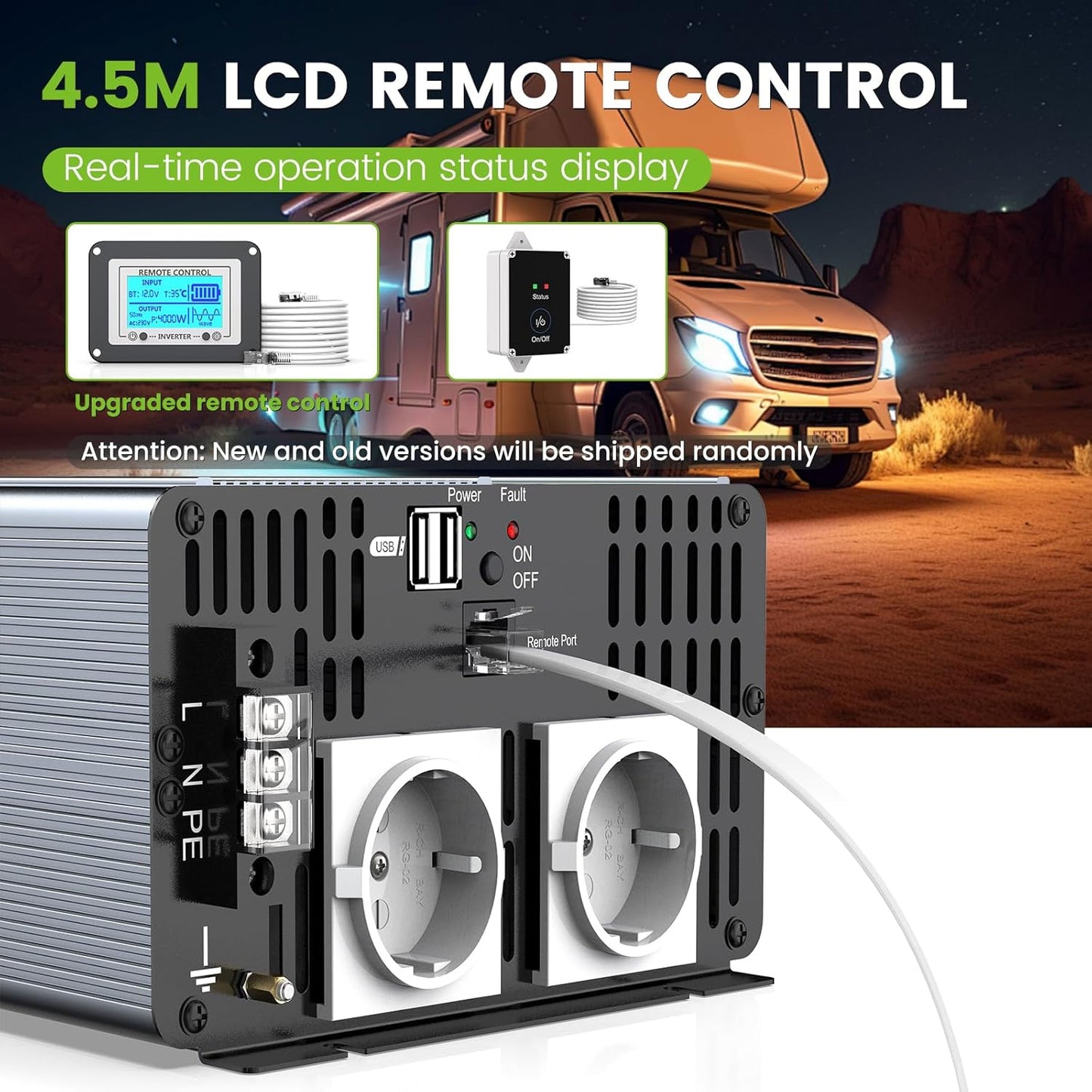 FLAMEZUM 4000 W Power Inverter,Omvormer 12V naar 230V Zuivere Sinus spanningsomvormer, 2 EU Stopcontact met USB-uitgang,Afstandsbediening,Geschikt voor koelkasten,Elektrisch Gereedschap