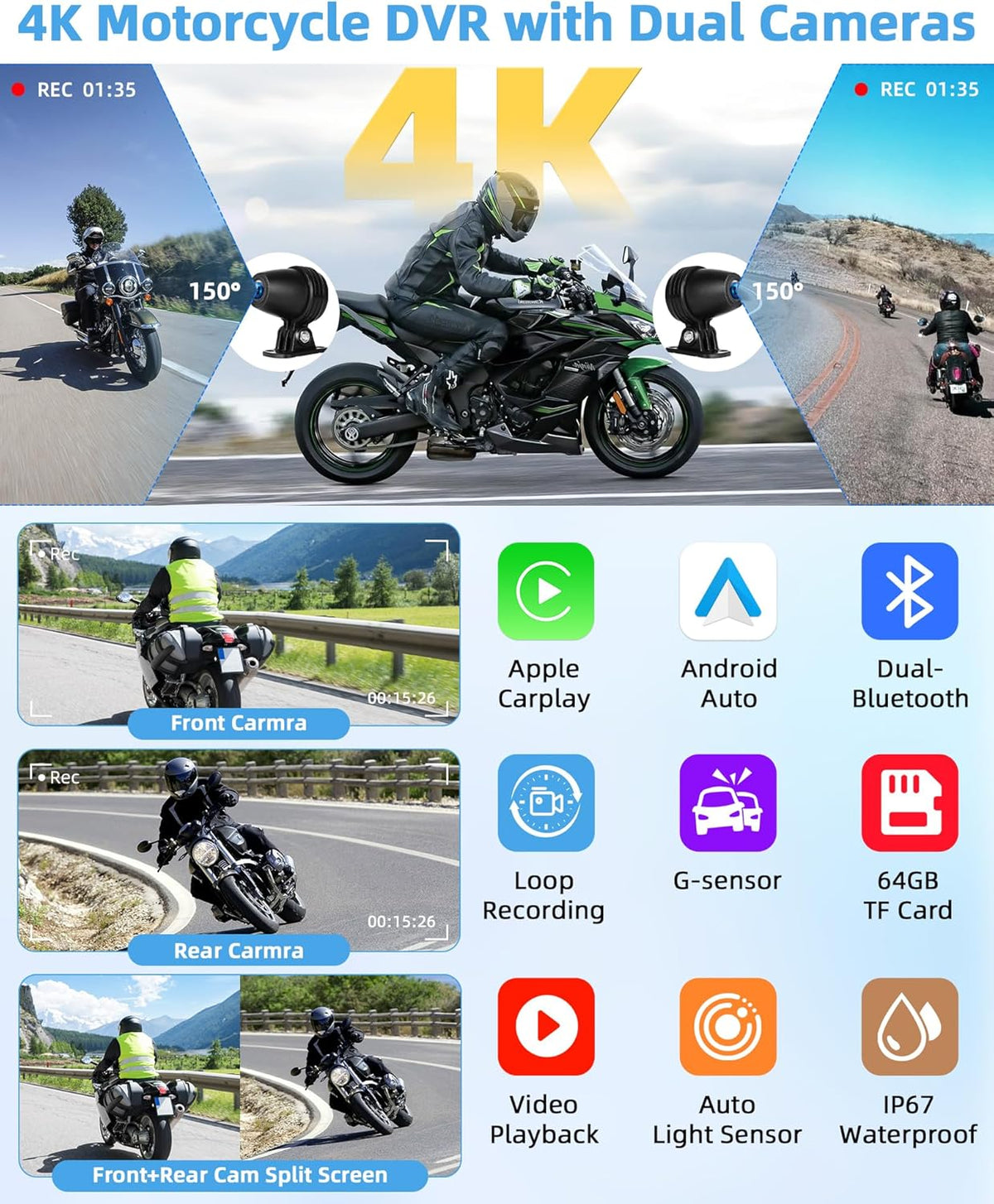 4K Motorfiets CarPlay Android Auto met Dashcam voor en achter, 6,25 inch CarPlay-scherm GPS Dashcam Motorfiets IP67 Waterdicht Touchscreen, Navigatieapparaten Dubbele Bluetooth Spraakbediening 64G TF