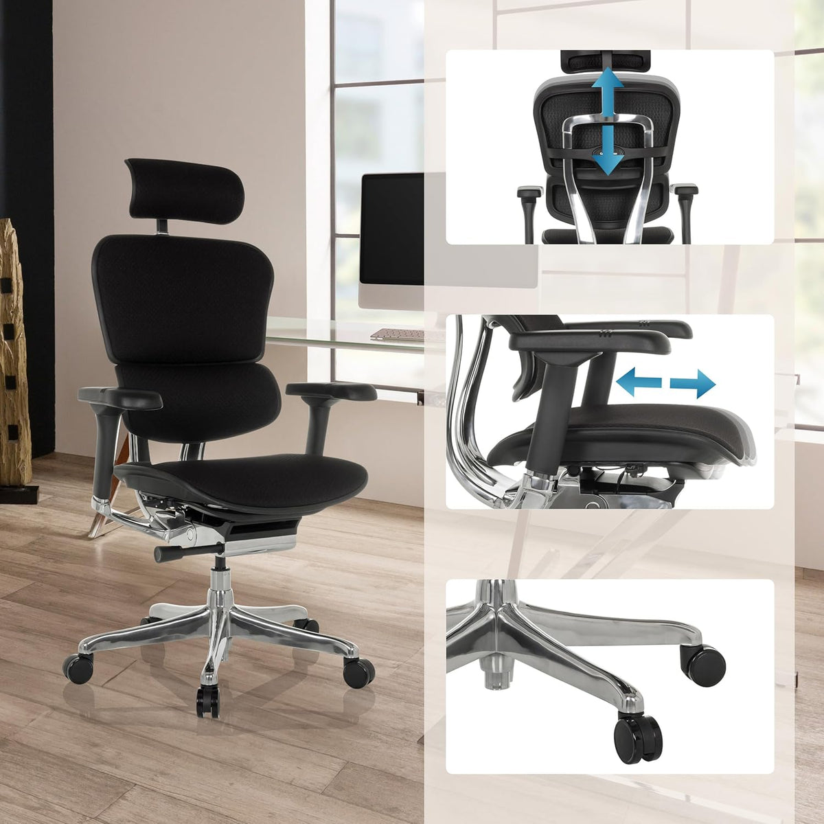 hjh OFFICE Ergonomische Ergohuman Gen2 Bureaustoel, ergonomisch design, bureaustoel met flexibele lendensteun, zitting gevoerd, stof zwart