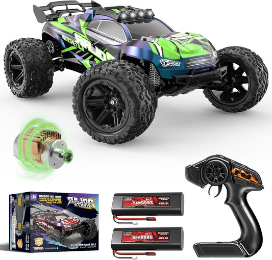 1:10 Large RC Car approx 46cm – Fast Rear Wheel Drive 2WD Offroad RC Truck 45km/h with LED Lighting, Remote Controlled Car with 2x 2600mAh Battery, RC Car for Adults & Boys - QUORE