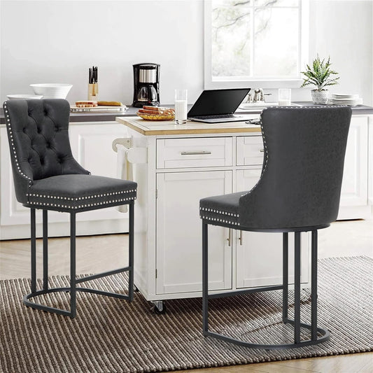 ALPHA HOME 26 inch black pitch bar stools set of 2, modern faux leather bar chairs with button back and rivet trim upholstered kitchen island chairs with sturdy metal legs breakfast