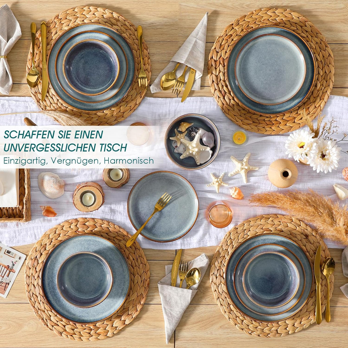 vancasso PLAYA Servies voor 6 personen, 18-delig, reactief glazuur, tafelservies voor 6 personen, modern, aardewerk serviesset, bevat kom, dessertborden en platte borden, vaatwasmachinebestendig