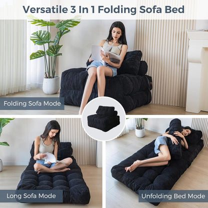 MAXYOYO Opvouwbare slaapbank, omvormbare slaapstoel met kussen, matras met rugsteun, draagbare stoel, bed, comfortabele vloerbank, lounge voor woonkamer, slaapkamer, zwart
