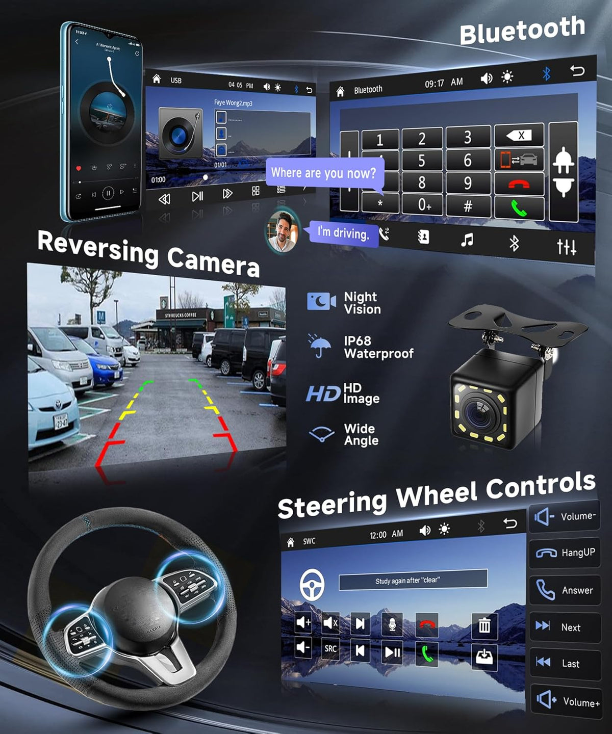 Autoradio, 1 Din pianotoetsen met draadloze Carplay Android auto, 7 inch IPS HD touchscreen, autoradio, ondersteuning bluetooth, FM-radio, USB/type-C, spiegellink, achteruitrijcamera
