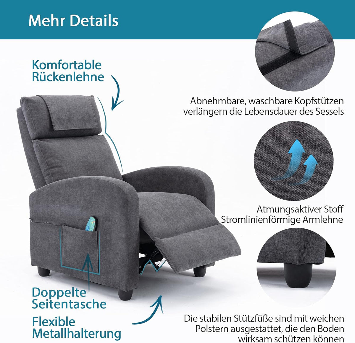 Recliner Chair Massage Heating Reclining Function, TV Chair Adjustable, Massage Chair with Remote Control, Recliner Fabric, Grey - QUORE