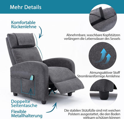 Recliner Chair Massage Heating Reclining Function, TV Chair Adjustable, Massage Chair with Remote Control, Recliner Fabric, Grey - QUORE