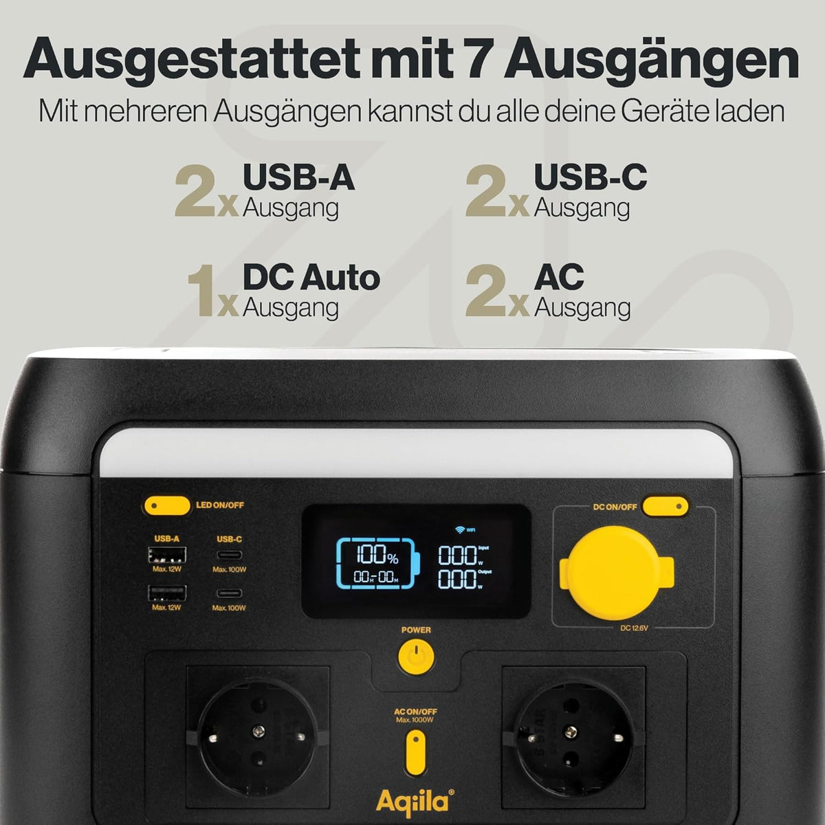 Powerstation 614Wh 1000W – Portable generator with LiFePO4, 2x AC (pure sine), USB-C/A, 12V, LED lamp, app control – Mobile power supply for camping & emergency power - QUORE