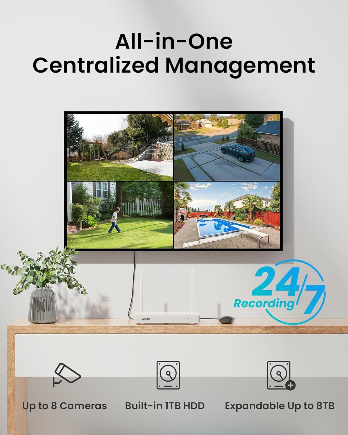 ZOSI 4K WiFi 6 buiten bewakingscamera set, 8MP NVR met 1TB HDD, 4X 360° WLAN camera met persoons- en voertuigdetectie, kleuren nachtzicht, C296B