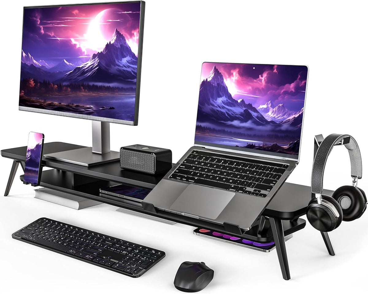 Fenge Monitor Stand, Dual Monitor Riser voor 2 monitoren met verstelbare Laptop Riser, 108cm Desk Organizer met Pad / Hoofdtelefoonhouder Max Belasting 50KG (Zwart)