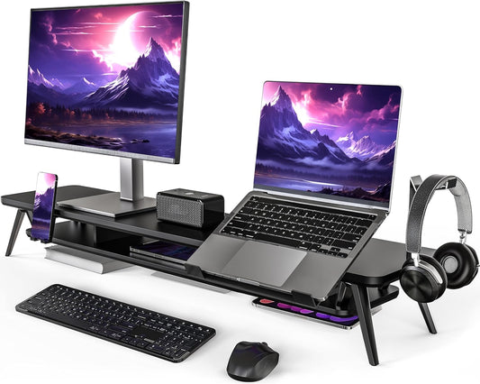 Fenge Monitor Stand, Dual Monitor Riser voor 2 monitoren met verstelbare Laptop Riser, 108cm Desk Organizer met Pad / Hoofdtelefoonhouder Max Belasting 50KG (Zwart)