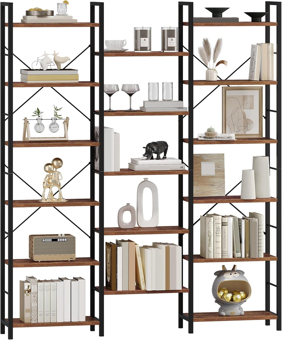 Hzuaneri Bookshelves, Freestanding Shelves, 17 Shelves, 6 Layers, Adjustable Distance, 24 x 152 x 186 cm, Load Capacity 340 kg, Living Room, Office Vintage Brown-Black BC10101B